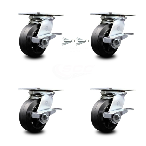 Service Caster 5 Inch Rubber on Steel Caster Set with Roller Bearing 4 Brake and 2 Swivel Lock SCC-35S520-RSR-SLB-BSL-2-SLB-2 - main